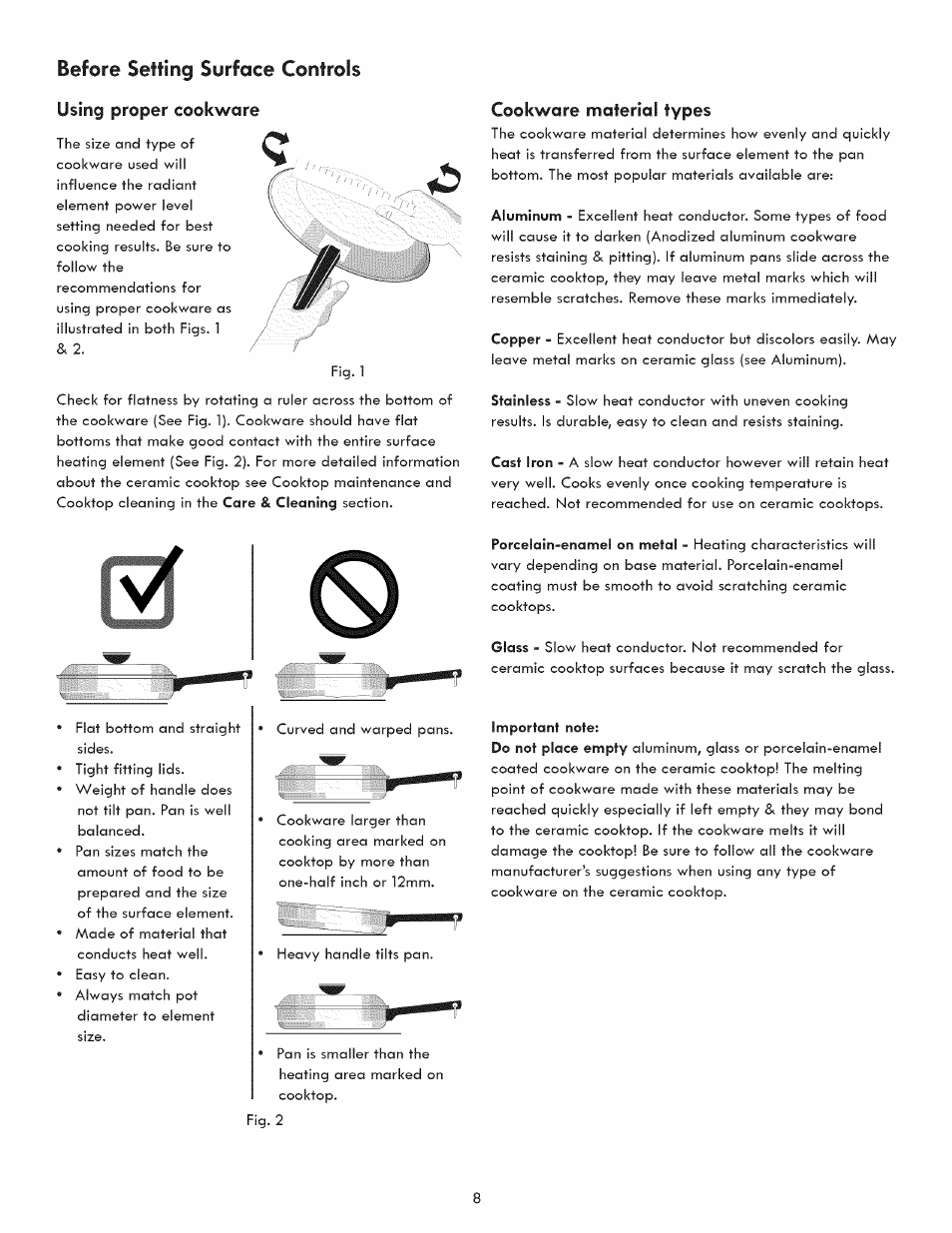 Cookware material types, Before setting surface controls | Kenmore 790.9280 User Manual | Page 8 / 40