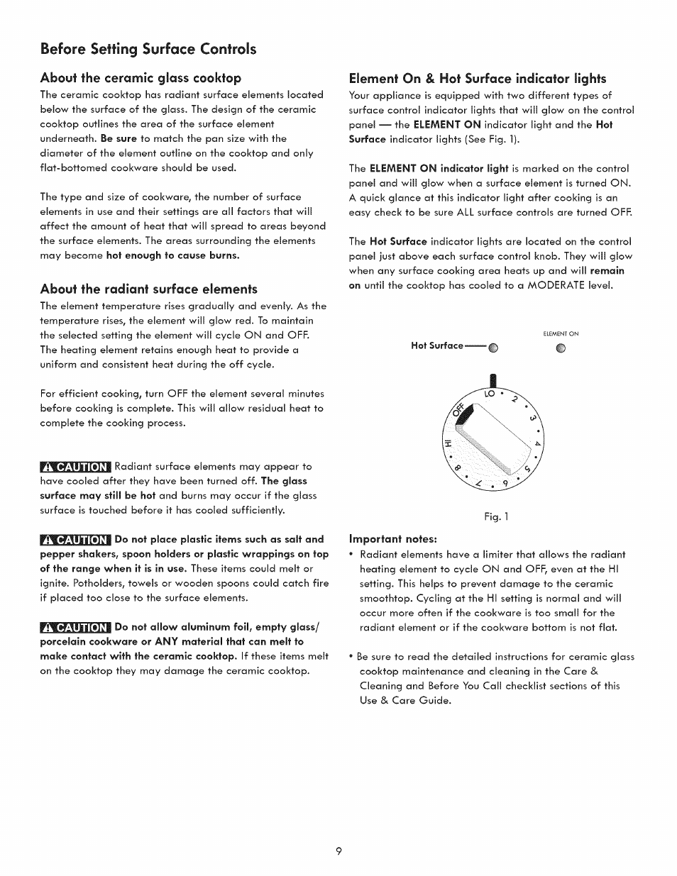 About the ceramic glass cooktop, About the radiant surface elements, Element on & hot surface indicator lights | Radiant surface element, Before setting surface controls | Kenmore 790.9280 User Manual | Page 9 / 40