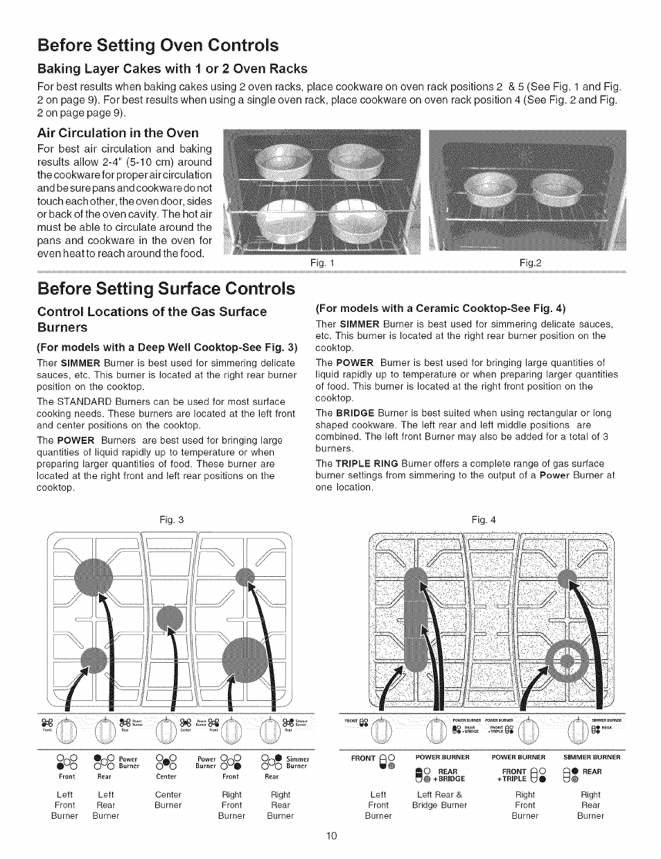 Air circulation in the oven, Control locations of the gas surface burners, For models with a ceramic cooktop-see fig. 4) | Before setting oven controls, Before setting surface controls, Baking layer cakes with 1 or 2 oven racks | Kenmore 790.7942 User Manual | Page 10 / 44