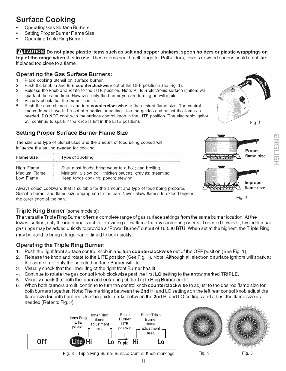 Surface cooking, Operating the gas surface burners, Setting proper surface burner flame size | Triple ring burner (some models), Operating the triple ring burner, Surface cooking -13, Triple ring burner | Kenmore 790.7942 User Manual | Page 11 / 44