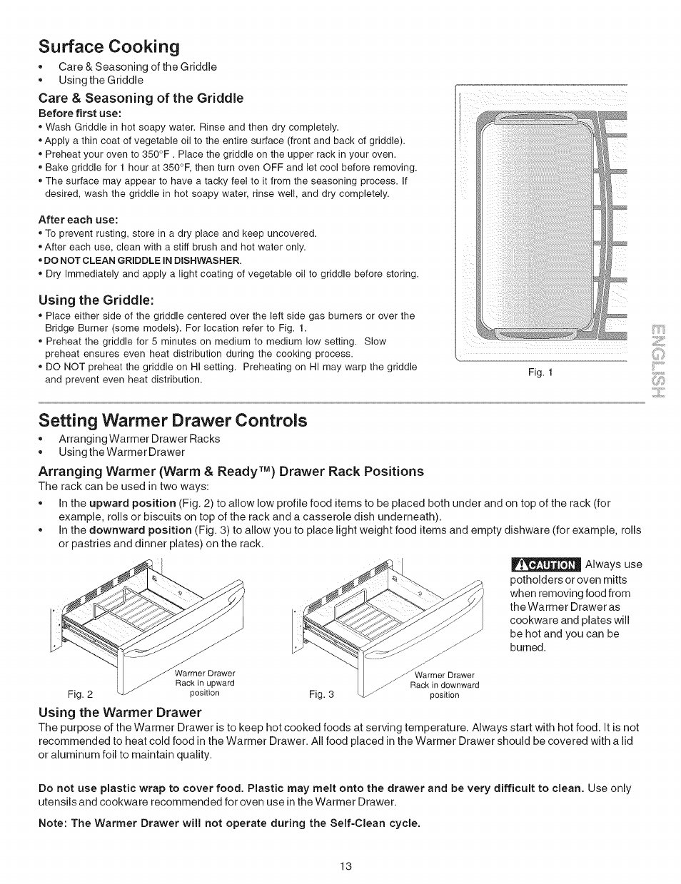 Surface cooking, Before first use, After each use | Using the griddle, Setting warmer drawer controls, Using the warmer drawer | Kenmore 790.7942 User Manual | Page 13 / 44