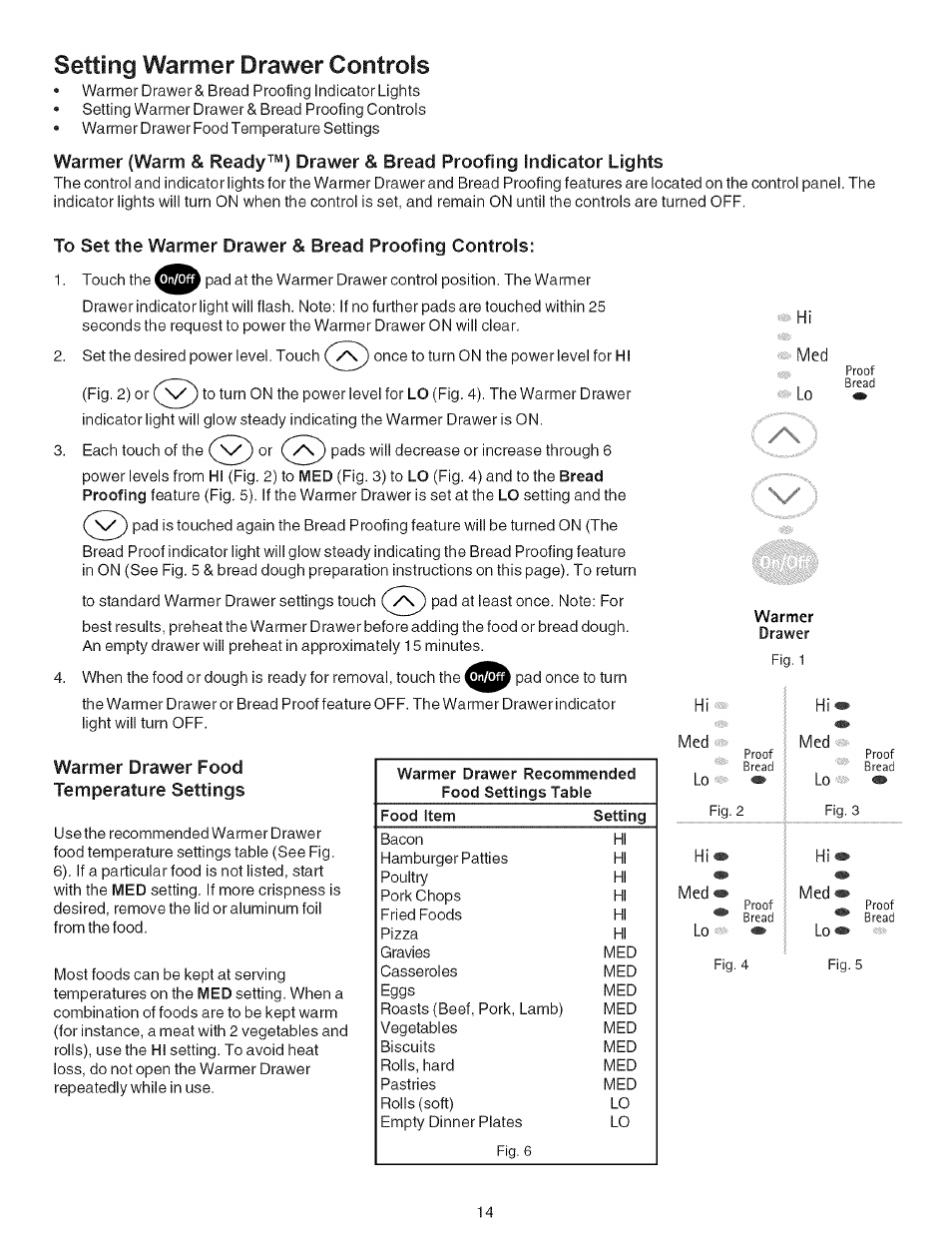 Setting warmer drawer controls, To set the warmer drawer & bread proofing controls, Warmer drawer food temperature settings | Setting warmer drawer & controls -15, Bread proofing controls | Kenmore 790.7942 User Manual | Page 14 / 44