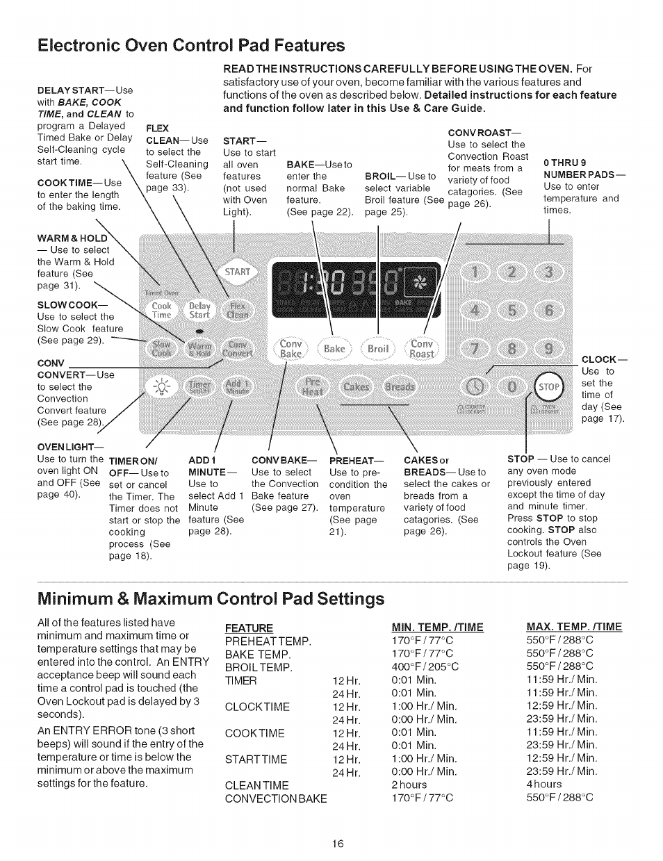 Electronic oven control pad features, Minimum & maximum control pad settings | Kenmore 790.7942 User Manual | Page 16 / 44