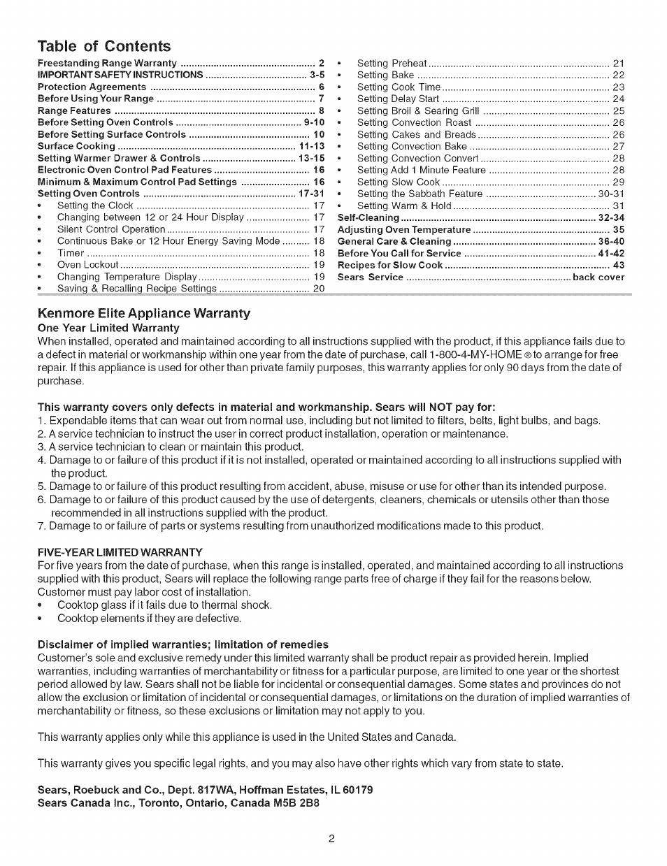 Kenmore 790.7942 User Manual | Page 2 / 44