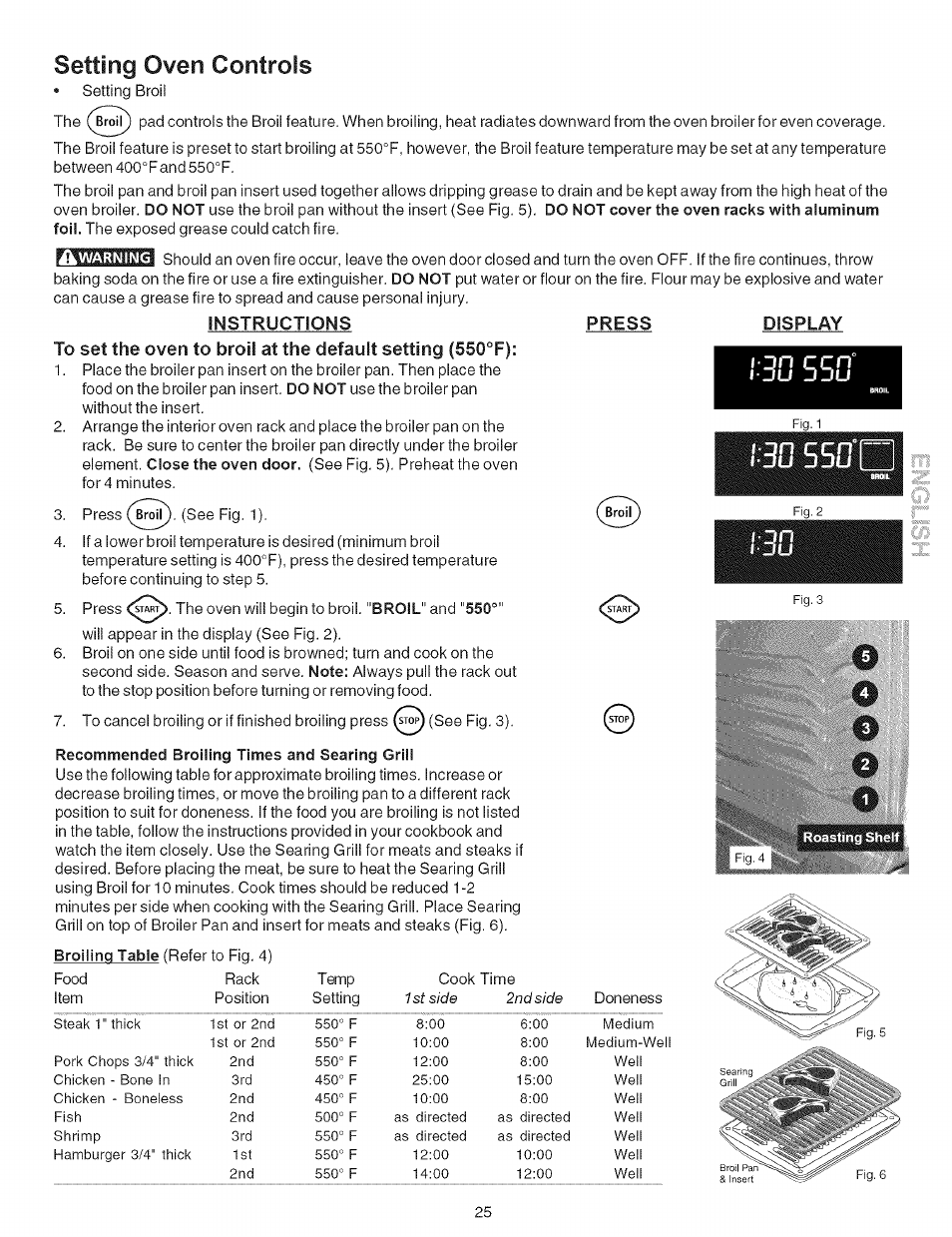 Recommended broiling times and searing grill, Setting oven controls, Insiruciioms .press | D.ìsplm | Kenmore 790.7942 User Manual | Page 25 / 44