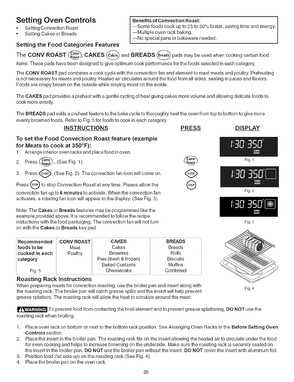 Setting the food categories features, Instructions, Roasting rack instructions | Setting oven controls | Kenmore 790.7942 User Manual | Page 26 / 44