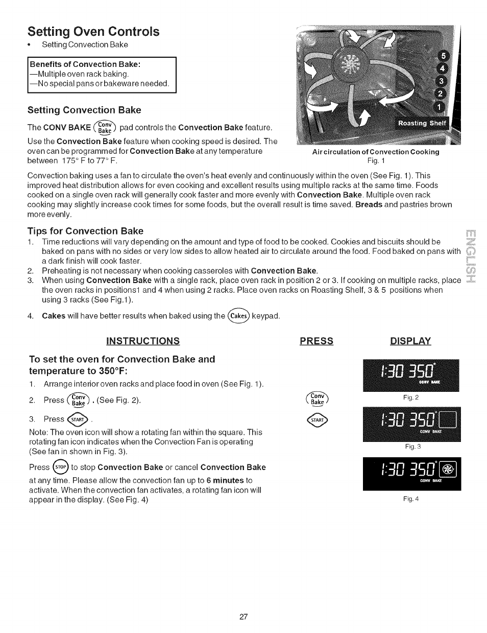 Setting oven controls, Benefits of convection bake, Setting convection bake | Tips for convection bake, Instructions, Press, Display, 35g f | Kenmore 790.7942 User Manual | Page 27 / 44