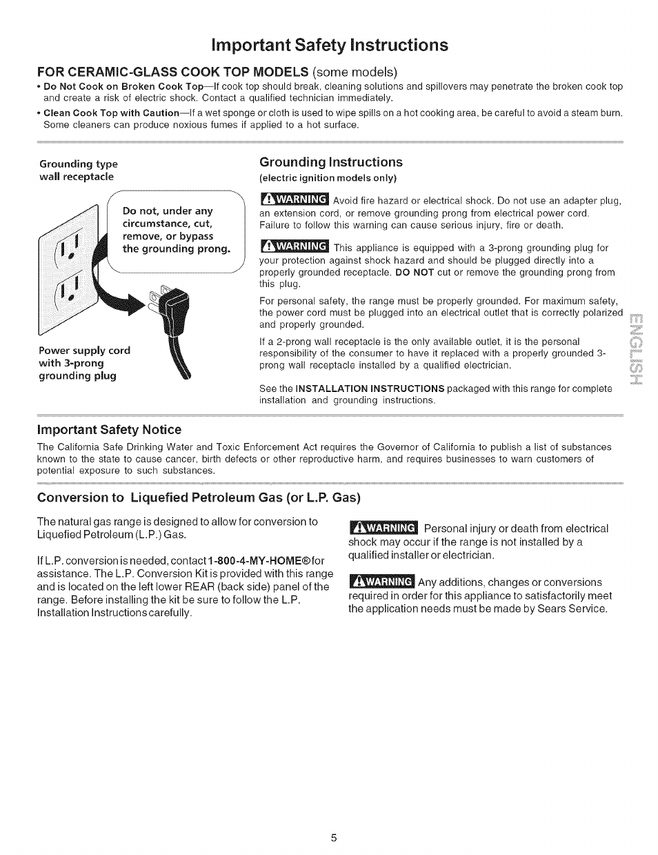Grounding instructions, Important safety notice, Important safety instryctions | For ceramic-glass cook top fviodels (some models) | Kenmore 790.7942 User Manual | Page 5 / 44
