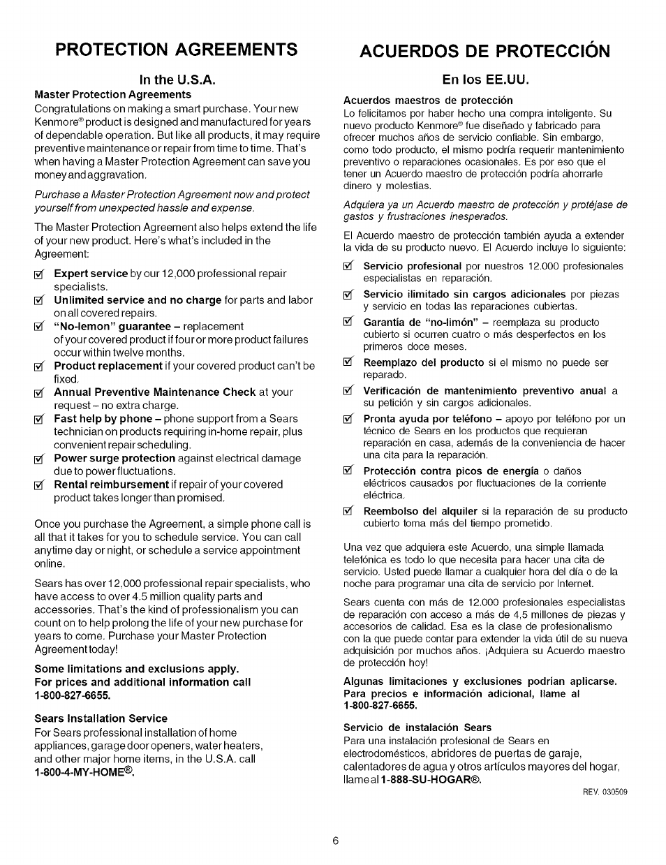 Protection agreements acuerdos de proteccion | Kenmore 790.7942 User Manual | Page 6 / 44