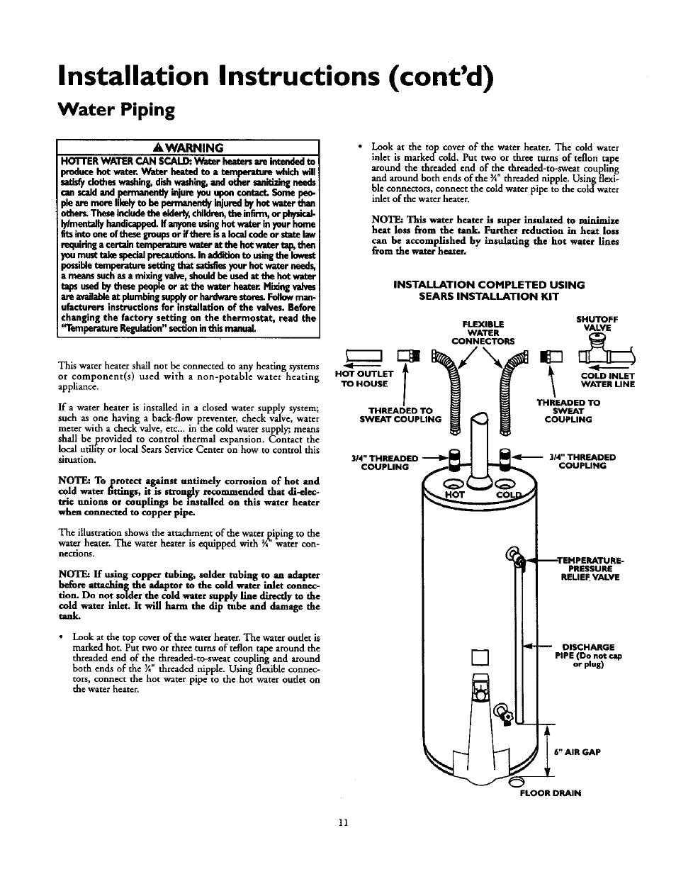 Installation instructions (cont’d), Water piping, Installation instructions | S i6 | Kenmore POWER MISER 153.336851 User Manual | Page 11 / 32