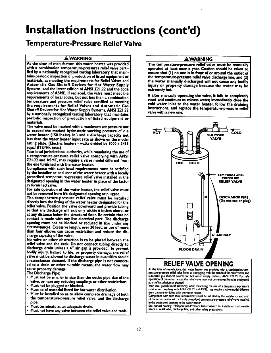 Installation instructions (cont’d), Temperature-pressure relief valve, Awarning | Relief valve opening | Kenmore POWER MISER 153.336851 User Manual | Page 12 / 32