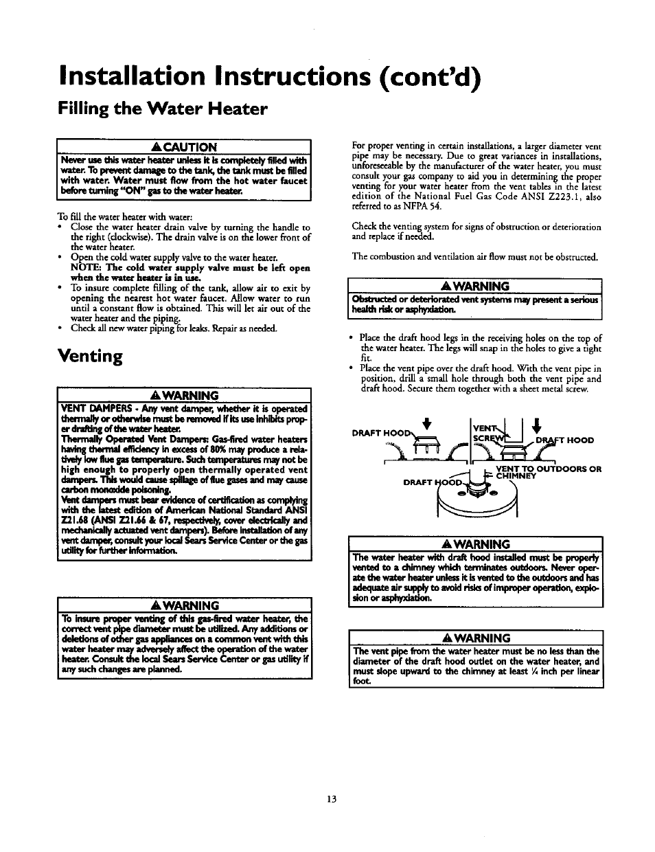 Installation instructions (cont’d), Filling the water heater, Venting | Awarning, Removing the old water heater, Y. i | Kenmore POWER MISER 153.336851 User Manual | Page 13 / 32