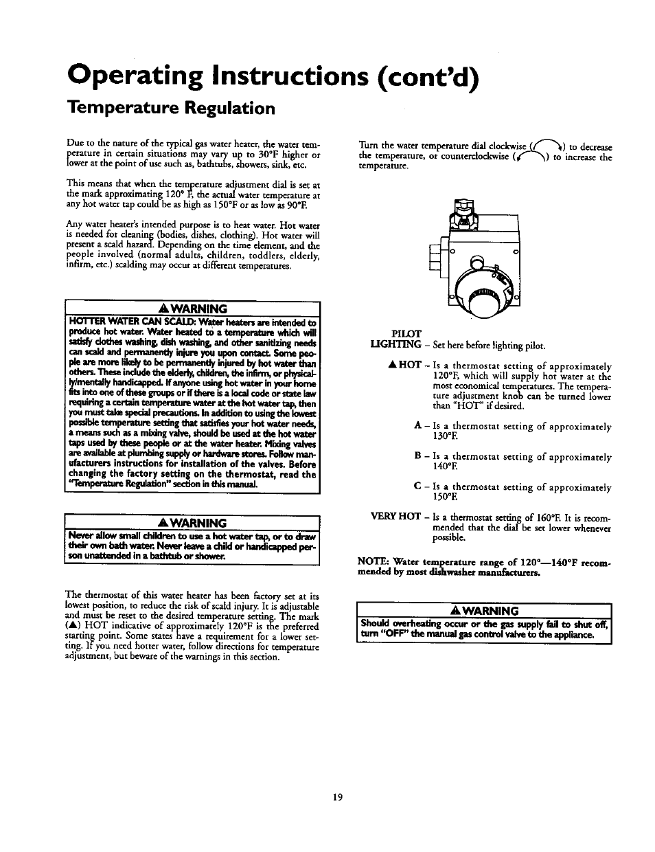 Operating instructions (cont’d), Temperature regulation, Awarning | Kenmore POWER MISER 153.336851 User Manual | Page 19 / 32