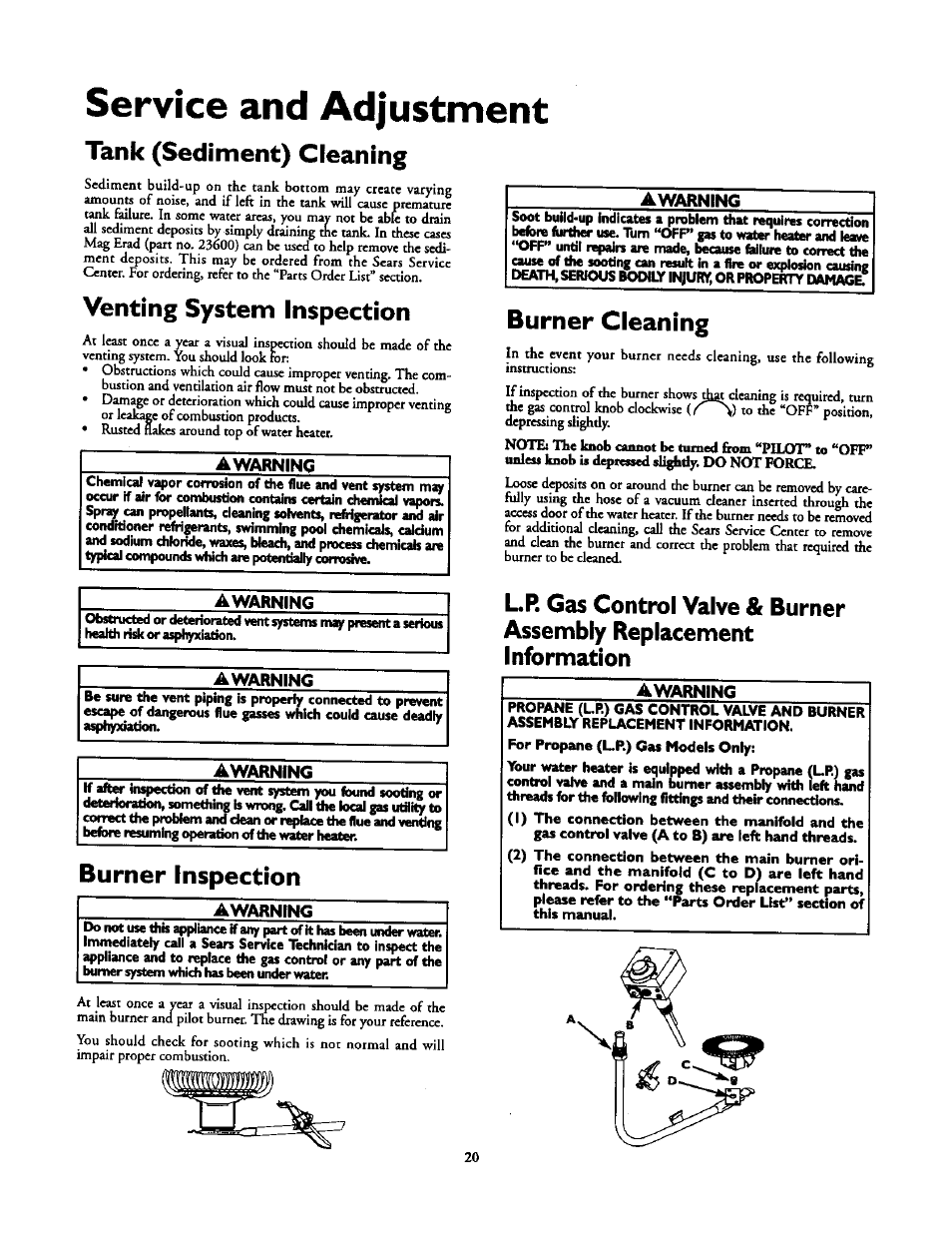 Service and adjustment, Tank (sediment) cleaning, Venting system inspection | Awarning, Burner inspection, Burner cleaning | Kenmore POWER MISER 153.336851 User Manual | Page 20 / 32