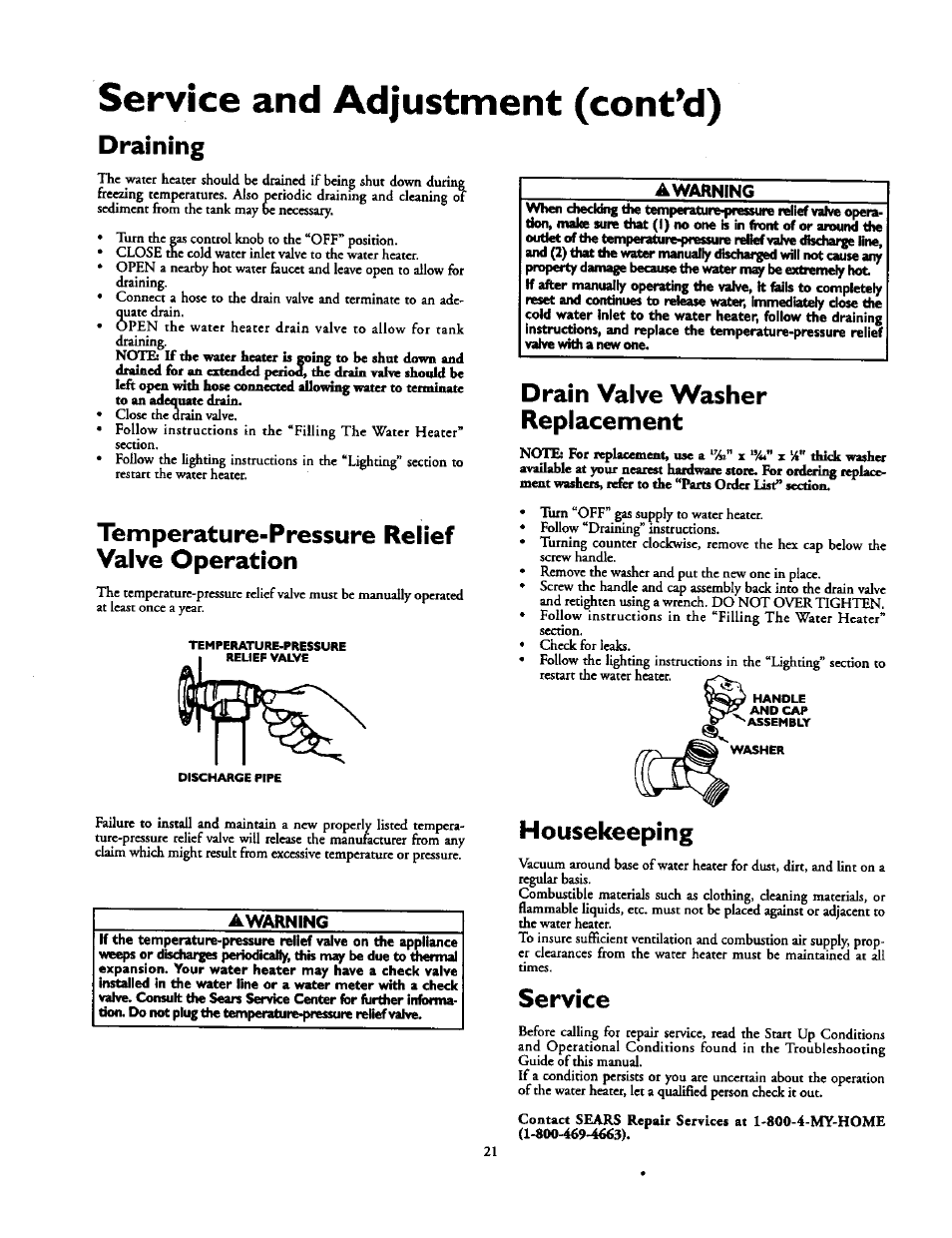 Service and adjustment (cont'd), Draining, Temperature-pressure relief valve operation | Awarning, Drain valve washer replacement, Housekeeping, Service, Tempciatuie-prcssure relief valve operation | Kenmore POWER MISER 153.336851 User Manual | Page 21 / 32