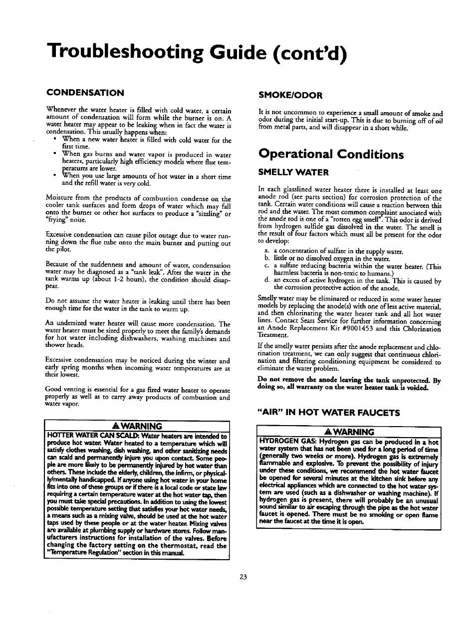 Troubleshooting guide (cont’d), Condensation, Awarning | Smoke/odor, Operational conditions, Smelly water, Air'» in hot water faucets, Operational conditions -24, Air” in hot water faucets | Kenmore POWER MISER 153.336851 User Manual | Page 23 / 32