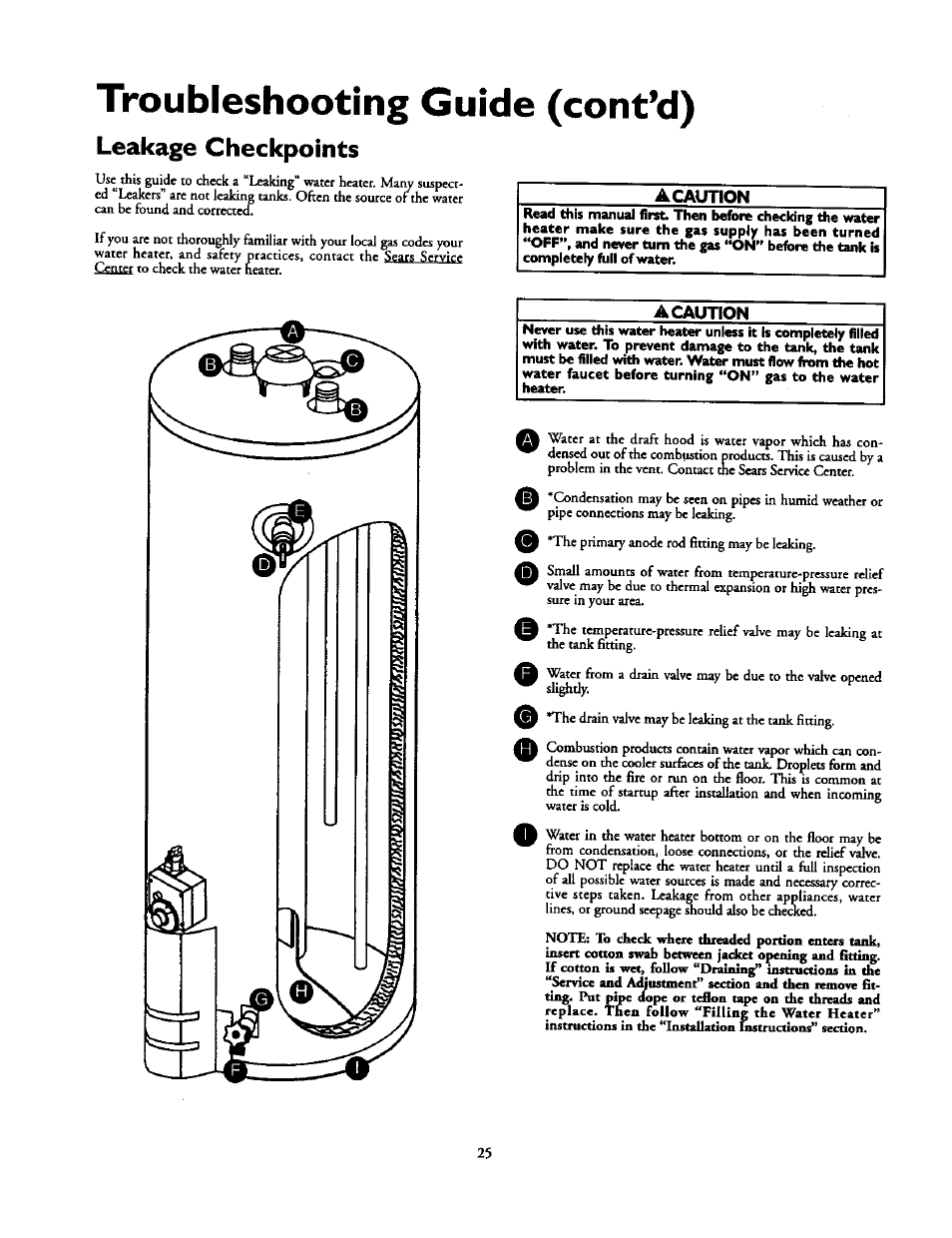 Troubleshooting guide (cont'd), Leakage checkpoints, Acaution | Kenmore POWER MISER 153.336851 User Manual | Page 25 / 32