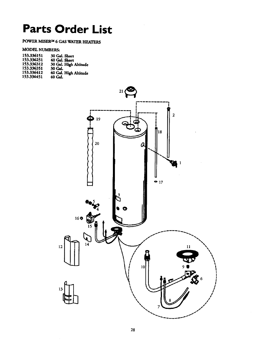 Parts order li | Kenmore POWER MISER 153.336851 User Manual | Page 28 / 32