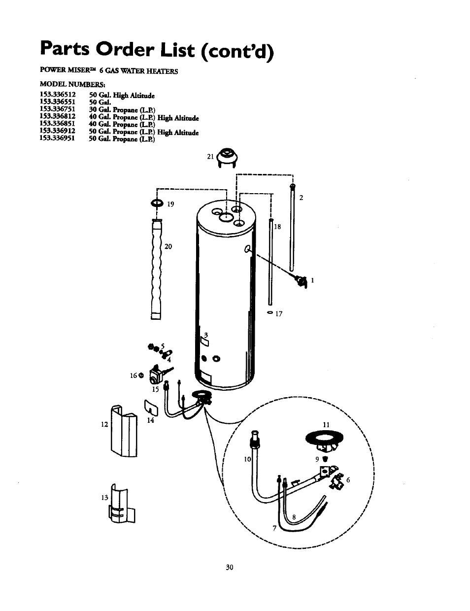 Parts order list (cont’d) | Kenmore POWER MISER 153.336851 User Manual | Page 30 / 32