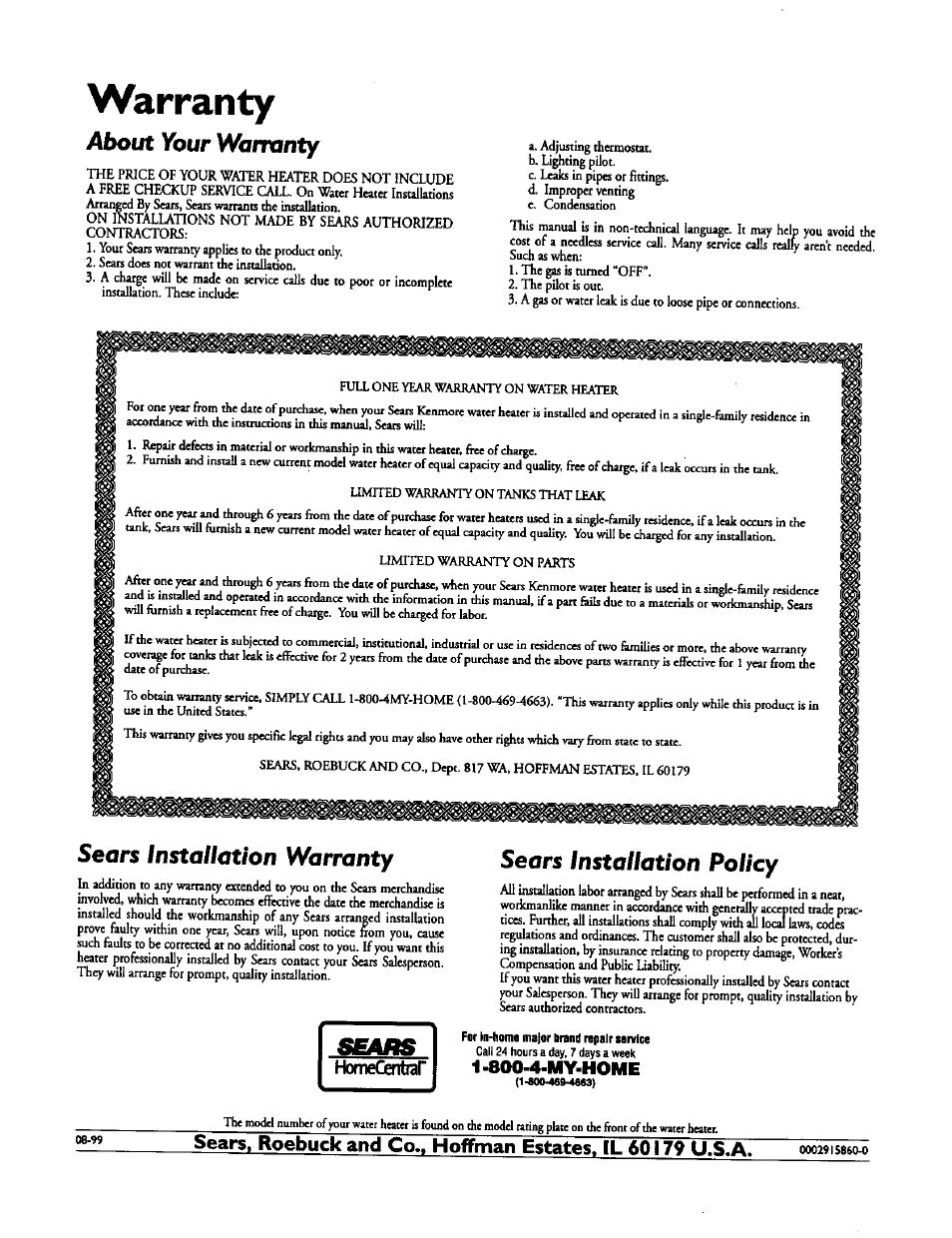 Warranty, About your warranty, Sears installation warranty | Sears installation policy, 800-4-my-home, Homecentoar | Kenmore POWER MISER 153.336851 User Manual | Page 32 / 32