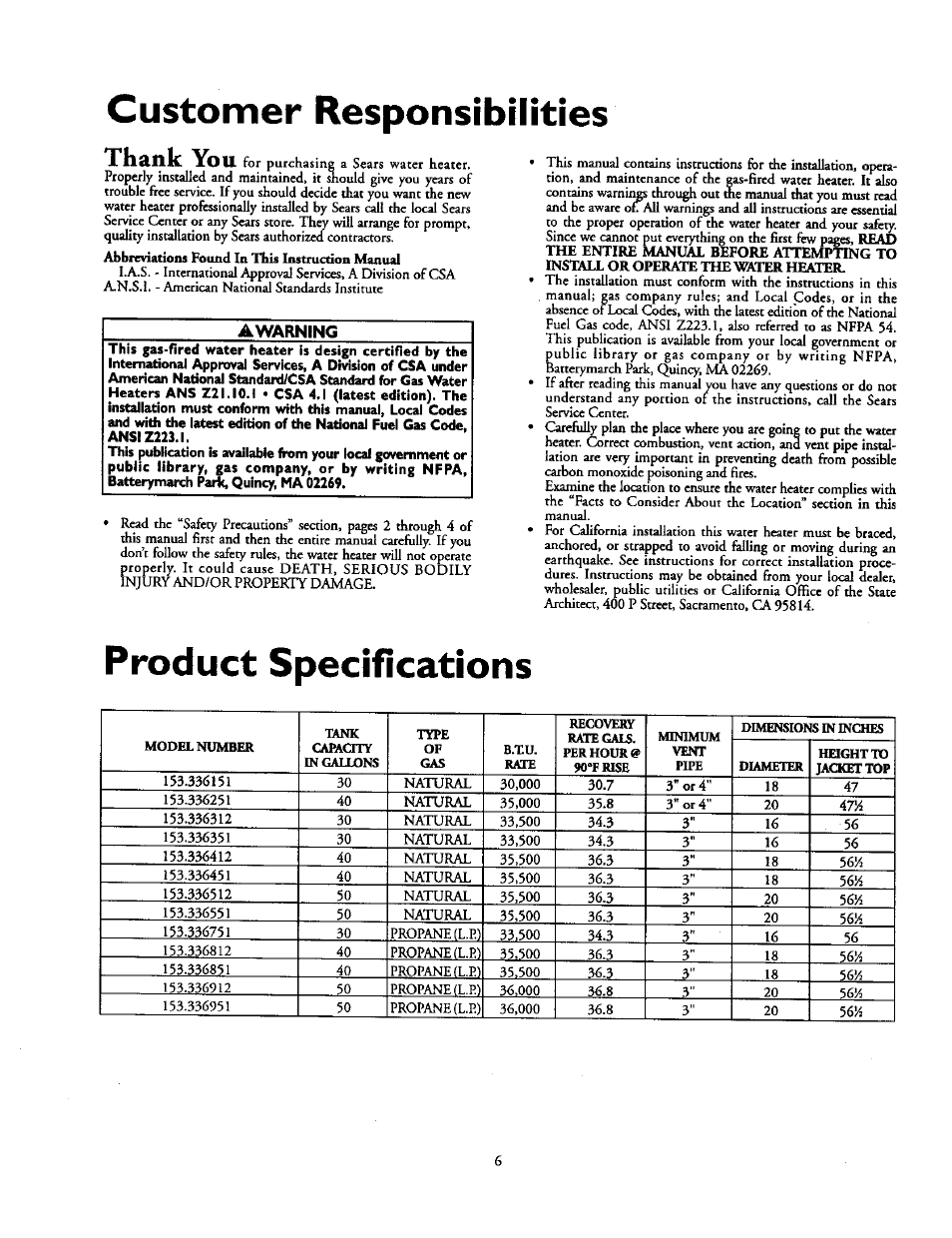 A warning, Product specifications, Customer responsibilities | Kenmore POWER MISER 153.336851 User Manual | Page 6 / 32