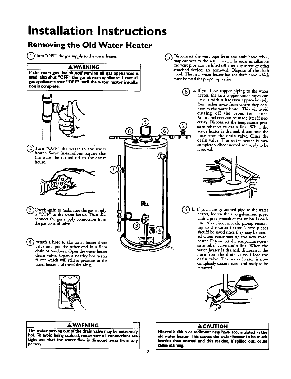 Awarning, Installation instructions, Removing the old water heater | Kenmore POWER MISER 153.336851 User Manual | Page 8 / 32