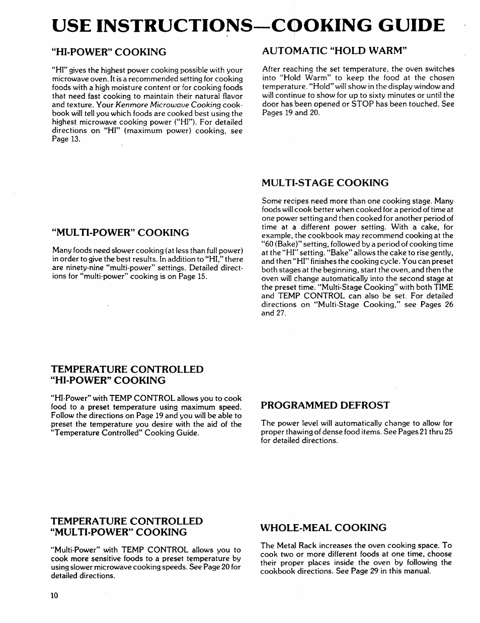 Use instructions—cooking guide, Hi-power” cooking, Automatic “hold warm | Multi-stage cooking, Multi-power” cooking, Temperature controlled “hi-power” cooking, Programmed defrost, Temperature controlled “multi-power” cooking, Whole-meal cooking, Multi-stage cooking 27 | Kenmore 88762 User Manual | Page 10 / 36