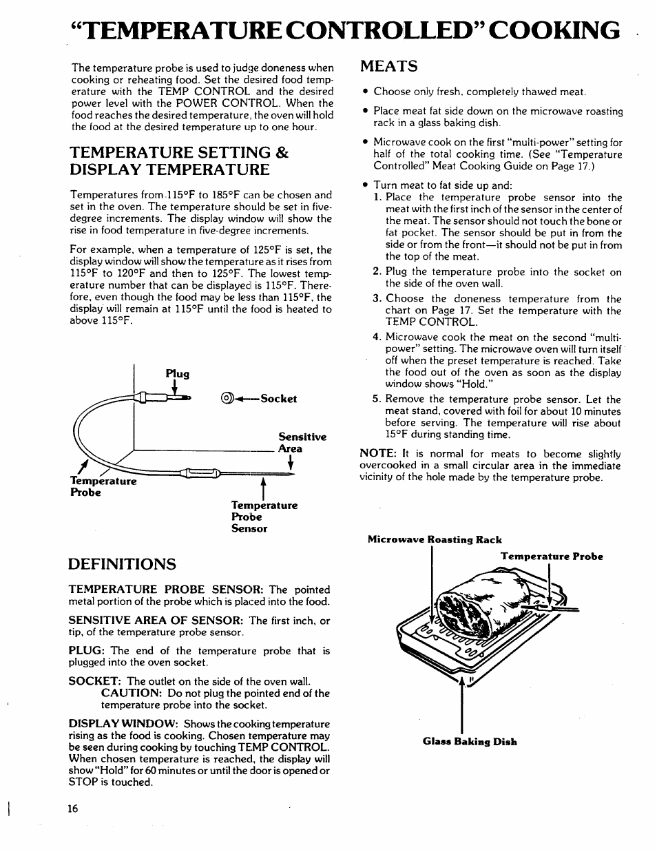 Temperature controlled” cooking, Temperature setting & display temperature, Definitions | Meats | Kenmore 88762 User Manual | Page 16 / 36