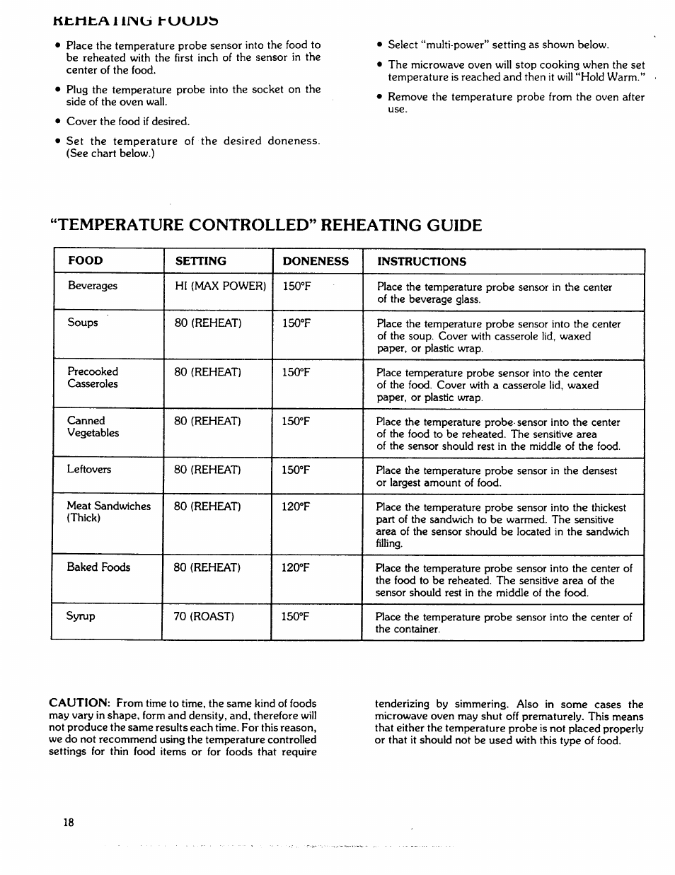 Ktlitallinu huuuì, Temperature controlled” reheating guide | Kenmore 88762 User Manual | Page 18 / 36