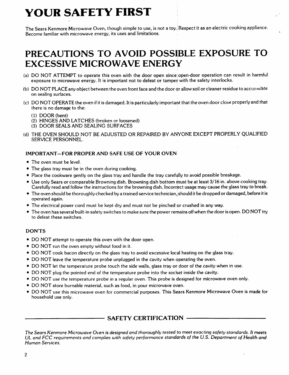 Your safety first, Important-for proper and safe use of your oven, Donts | Safety certification | Kenmore 88762 User Manual | Page 2 / 36