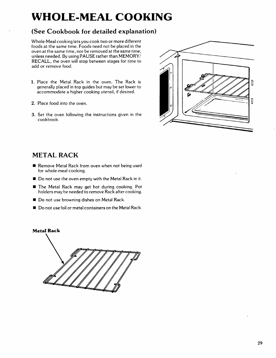 See cookbook for detailed explanation), Metal rack, Whole-meal cooking | Kenmore 88762 User Manual | Page 29 / 36
