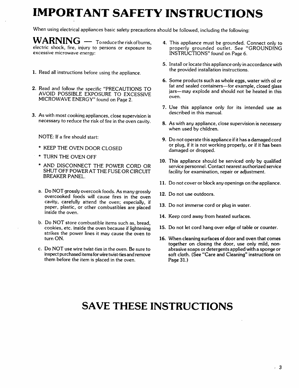 Important safety instructions, Save these instructions, Warning | Kenmore 88762 User Manual | Page 3 / 36