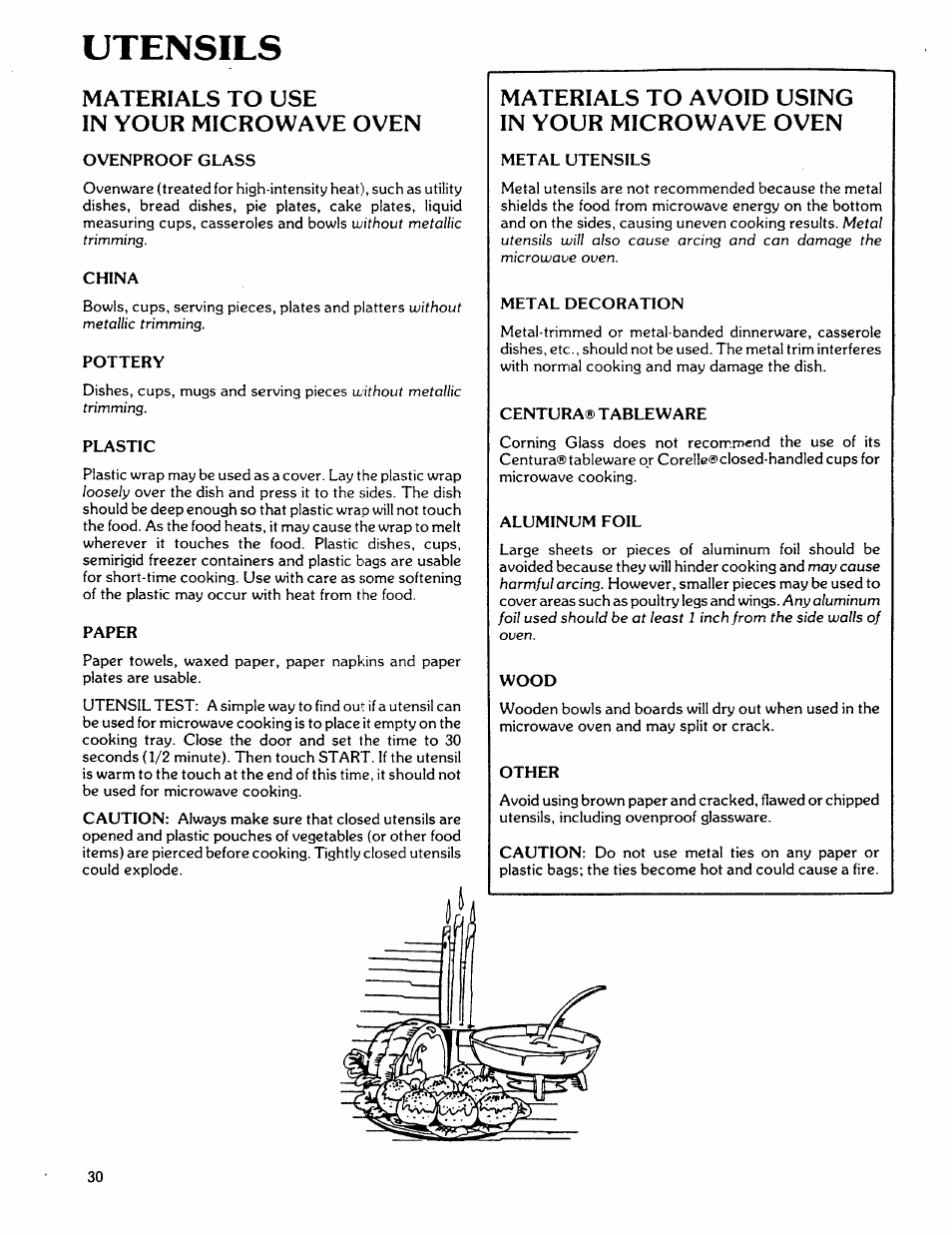 Utensils, Materials to use in your microwave oven, Materials to avoid using in your microwave oven | Kenmore 88762 User Manual | Page 30 / 36