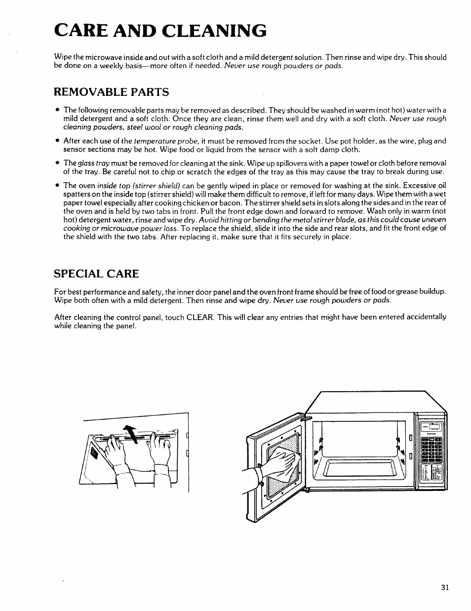 Care and cleaning, Removable parts, Special care | Kenmore 88762 User Manual | Page 31 / 36