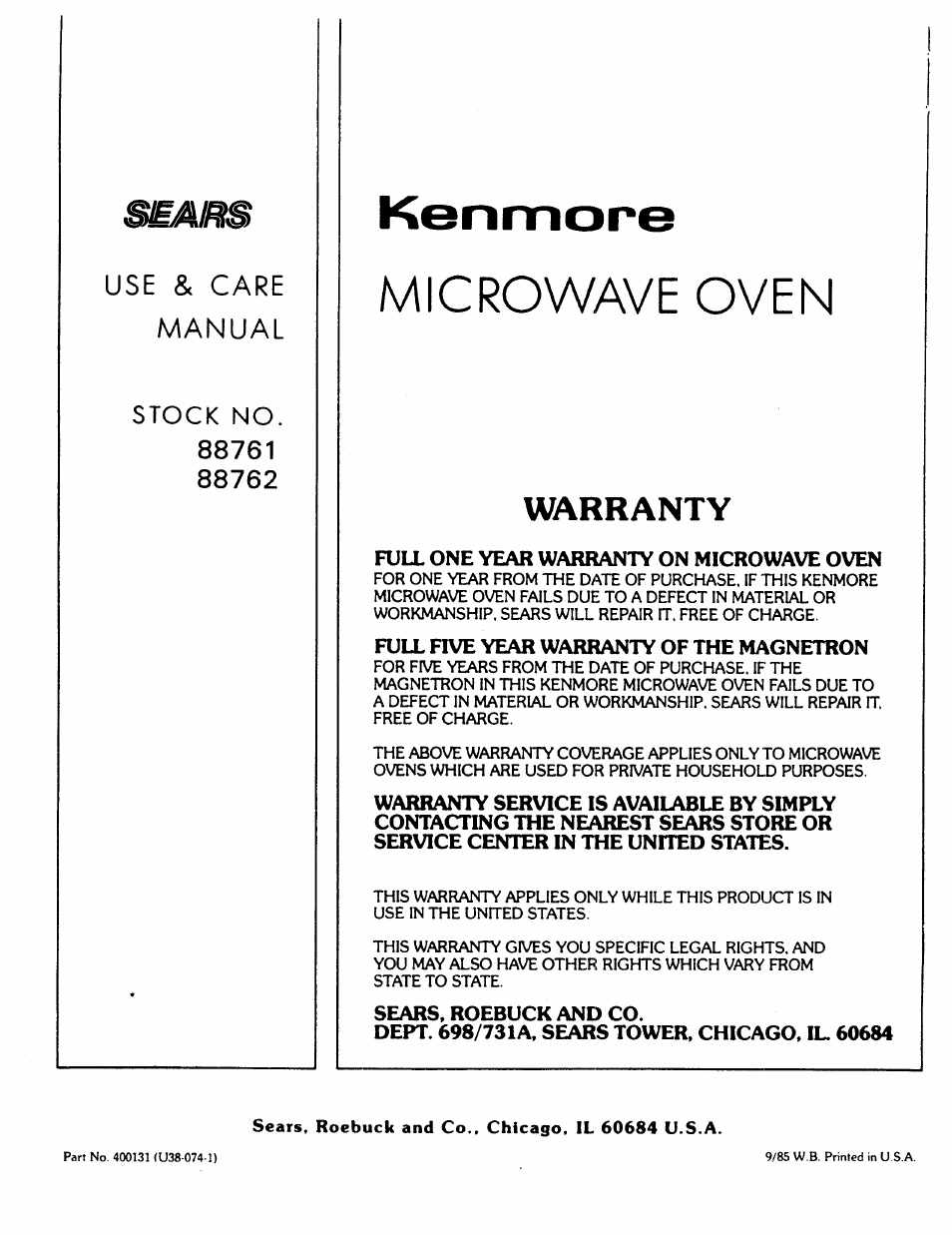 Warranty, Sears, roebuck and co., chicago, il 60684 u.s.a, Microwave oven | Use & care manual | Kenmore 88762 User Manual | Page 36 / 36