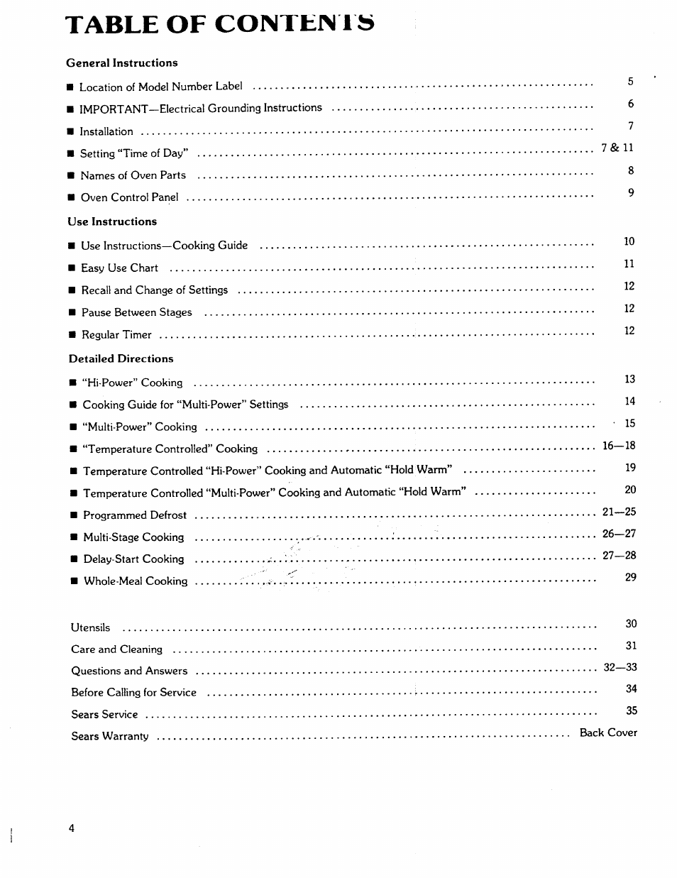 Table of contejn 1 s, Table of contejn | Kenmore 88762 User Manual | Page 4 / 36