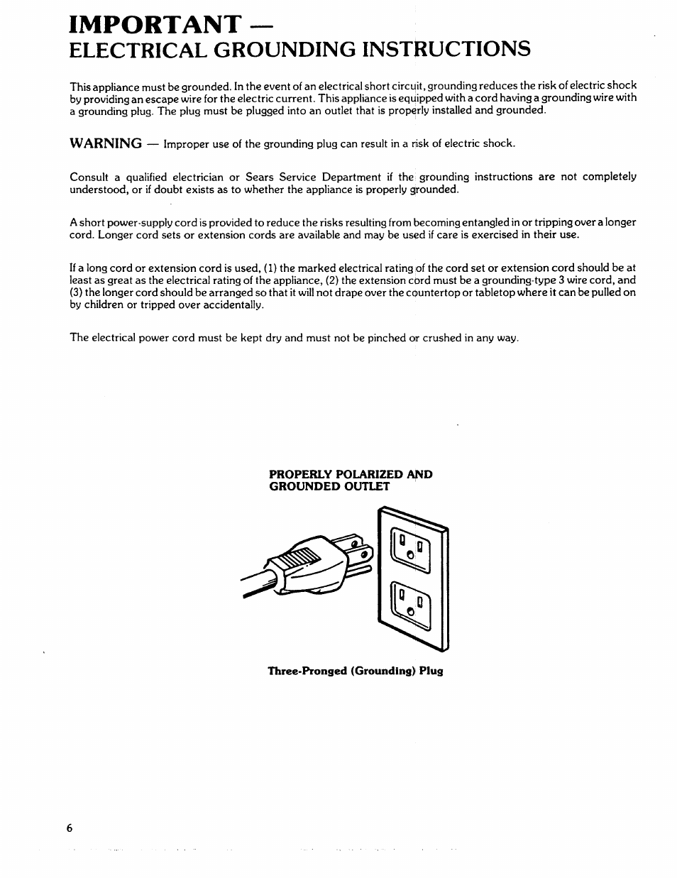 Important, Electrical grounding instructions, Properly polarized and grounded outlet | Important—electrical grounding instructions | Kenmore 88762 User Manual | Page 6 / 36