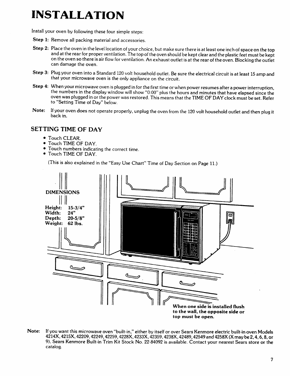 Installation, Setting time of day, Setting “time of day” &11 | Kenmore 88762 User Manual | Page 7 / 36