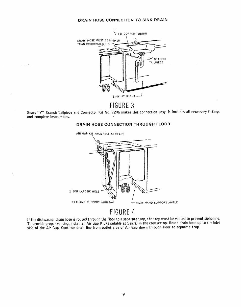 Drain hose connection to sink drain, Drain hose connection through floor, Figure 3 | Figure 4 | Kenmore 808353 User Manual | Page 12 / 96