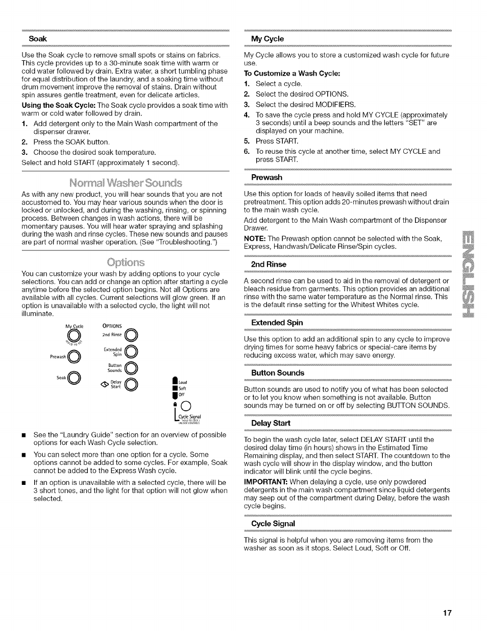 Morrnal wash« nds, Prewash, 2nd rinse | Extended spin, Button sounds, Delay start, Cycle signal, Oils | Kenmore HE3 4785 User Manual | Page 17 / 76