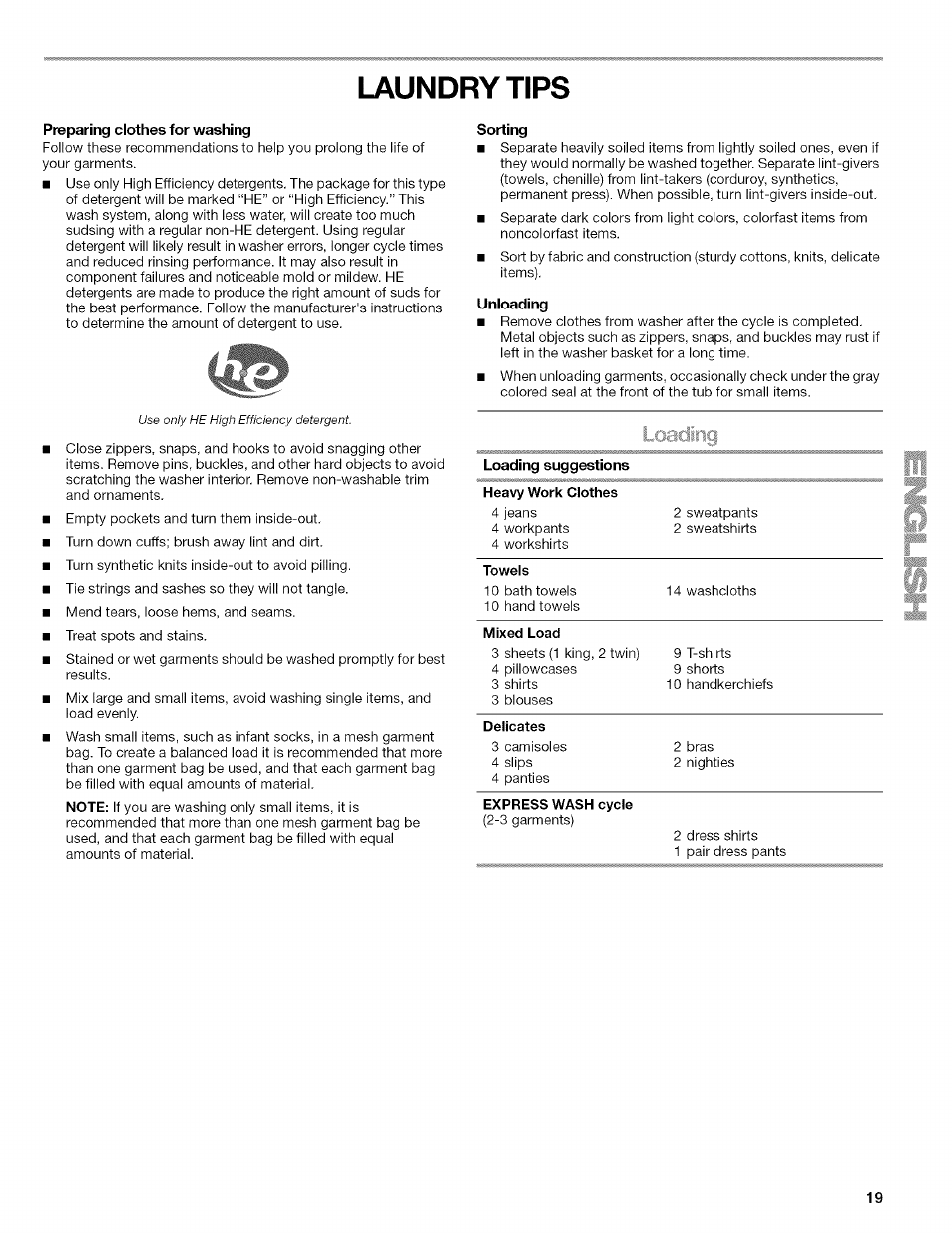 Laundry tips, Preparing clothes for washing, Sorting | Unloading | Kenmore HE3 4785 User Manual | Page 19 / 76