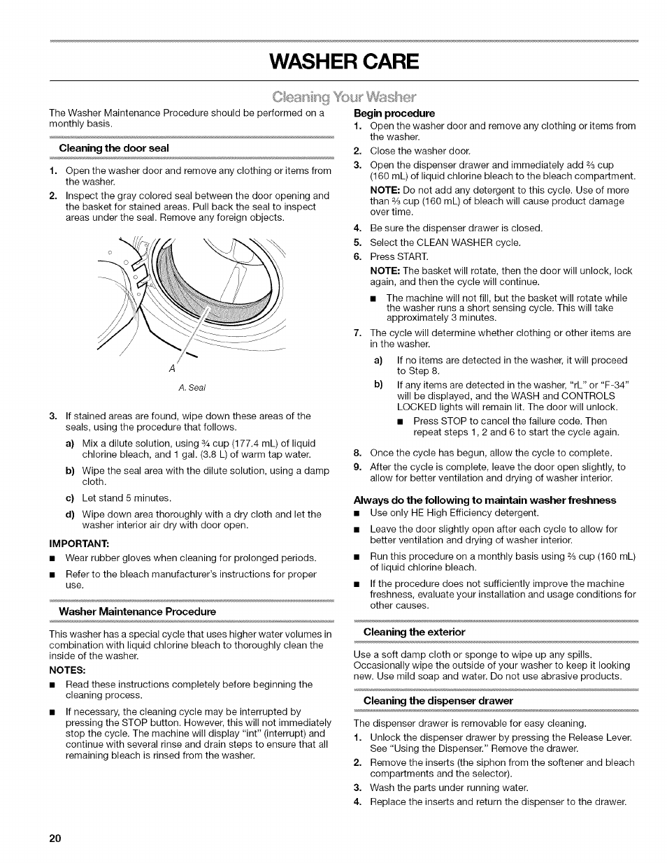 Washer care, Cleaning the door seal, Important | Washer maintenance procedure, Notes, Begin procedure, Cleaning the exterior, Cleaning the dispenser drawer | Kenmore HE3 4785 User Manual | Page 20 / 76