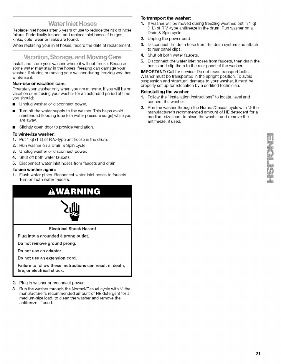 Hater inlet hoses, Acatiori, storage, and mowing carc3, Do not use an extension cord | Warning | Kenmore HE3 4785 User Manual | Page 21 / 76