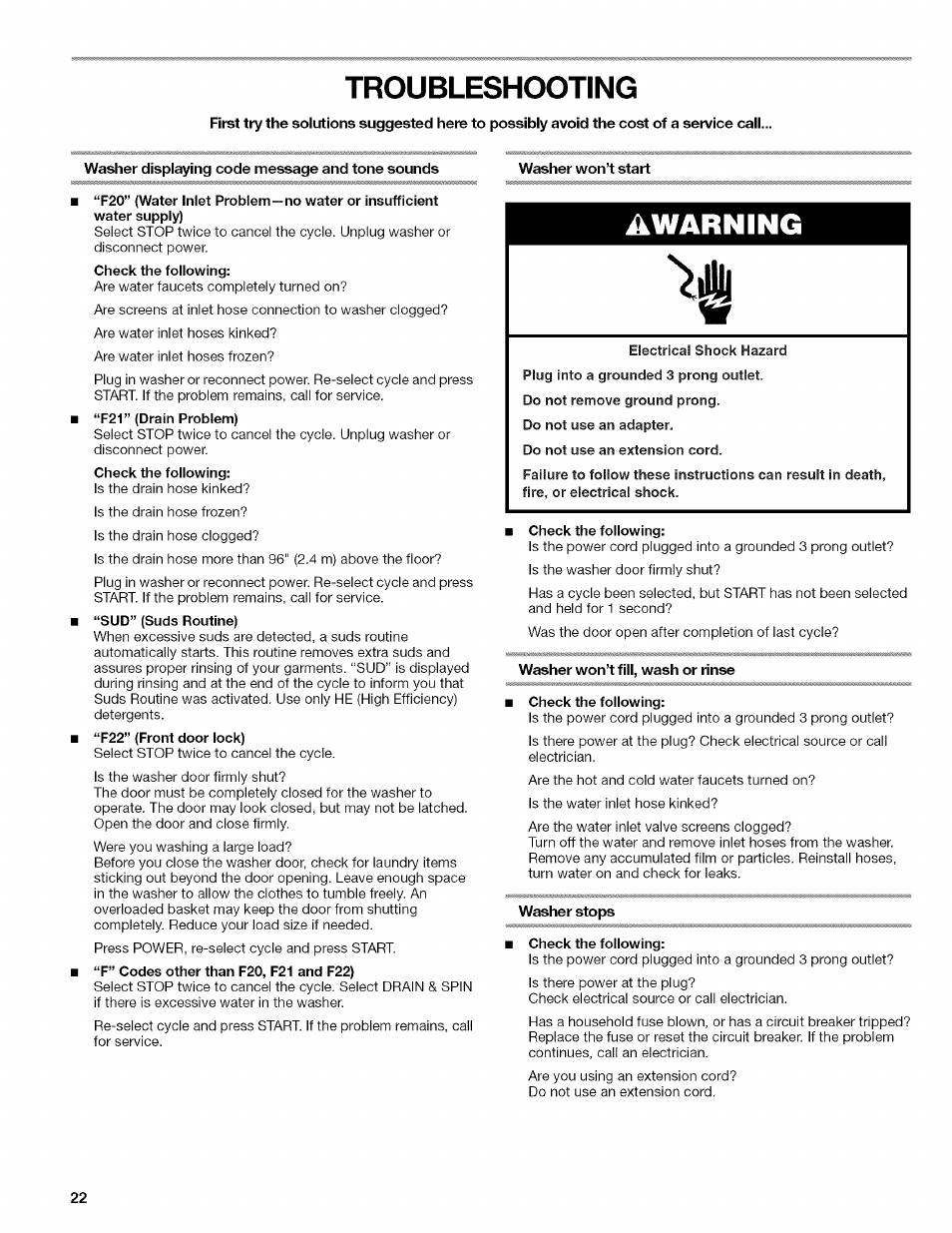 Troubleshooting, Washer displaying code message and tone sounds, Washer won’t start | Check the following, Washer won’t fill, wash or rinse, Washer stops, Warning | Kenmore HE3 4785 User Manual | Page 22 / 76