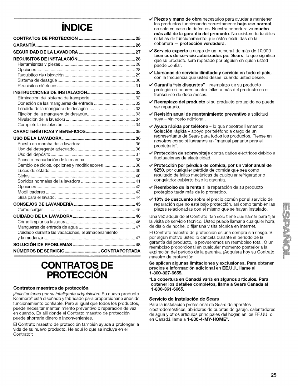 Indice, Contratos de protección | Kenmore HE3 4785 User Manual | Page 25 / 76