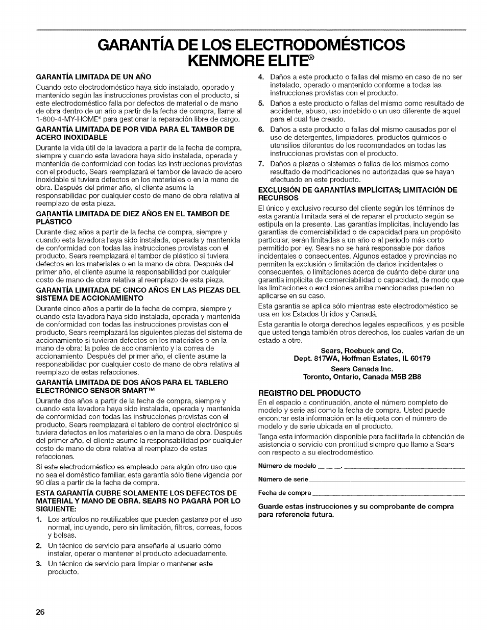 Garantia de los electrodomesticos, Kenmore elite, Garantia limitada de un ano | Registro del producto, Garantia de los electrodomesticos kenmore elite | Kenmore HE3 4785 User Manual | Page 26 / 76