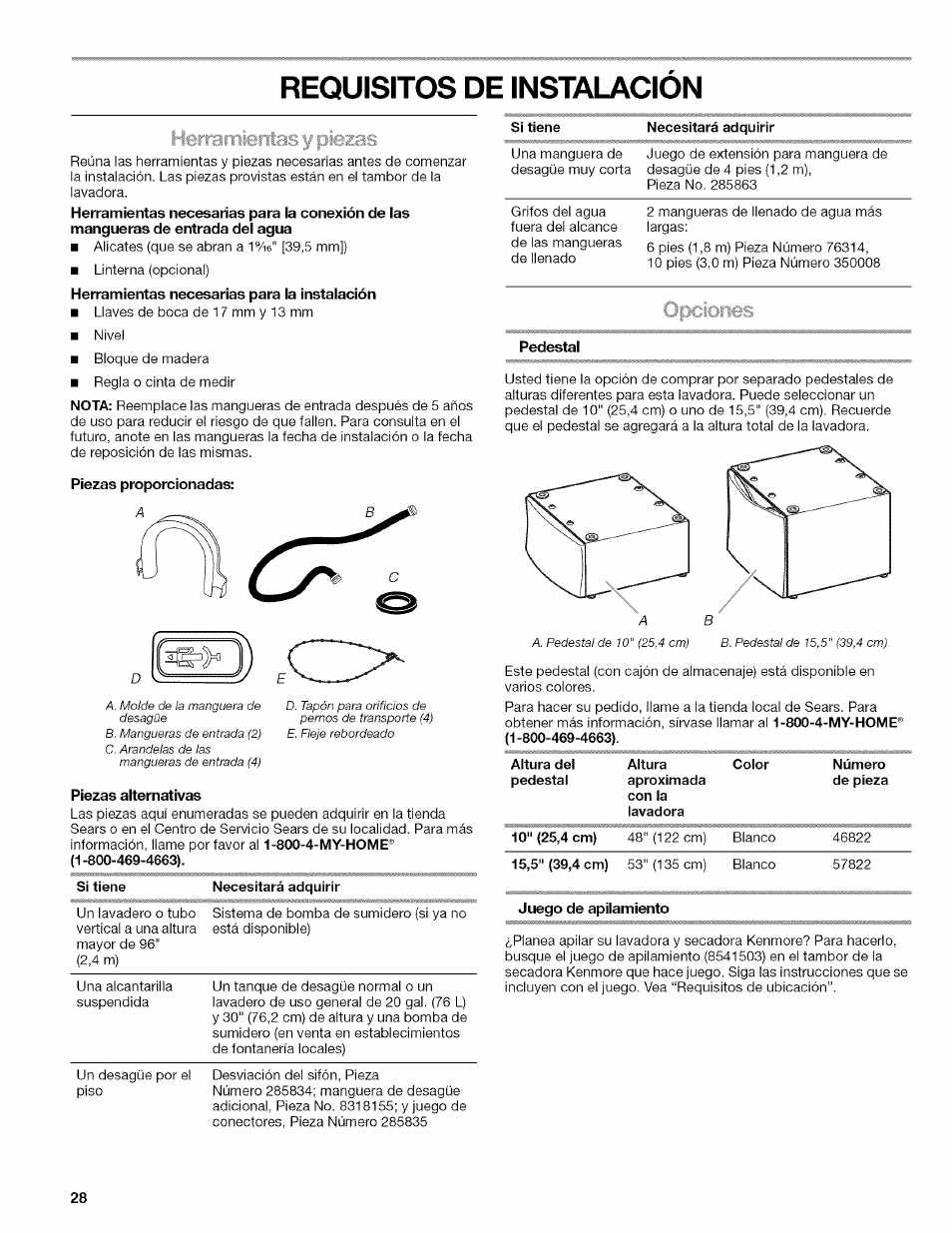 Requisitos de instalacion, Piezas proporcionadas, Necesitará adquirir | Piezas alternativas, Pedestal, Requisitos de instalación, Isf piezas | Kenmore HE3 4785 User Manual | Page 28 / 76