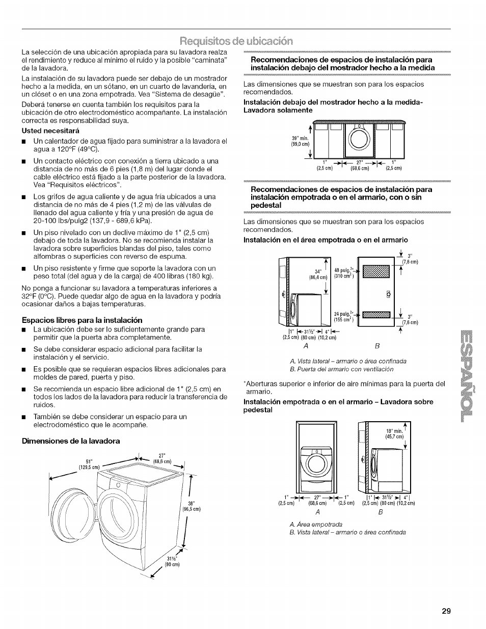 Reqtiisftos, Espacios libres para la instalación, Dimensiones de la lavadora | Sonidos normales de la lavadora, Lillicclciori | Kenmore HE3 4785 User Manual | Page 29 / 76