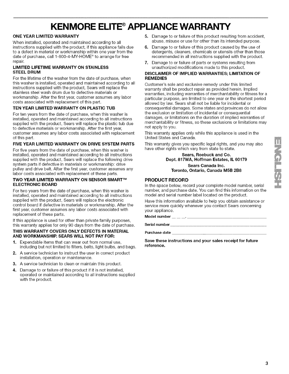 Kenmore elite® appliance warranty, One year limited warranty, Limited lifetime warranty on stainless steel drum | Five year limited warranty on drive system parts, Product record | Kenmore HE3 4785 User Manual | Page 3 / 76