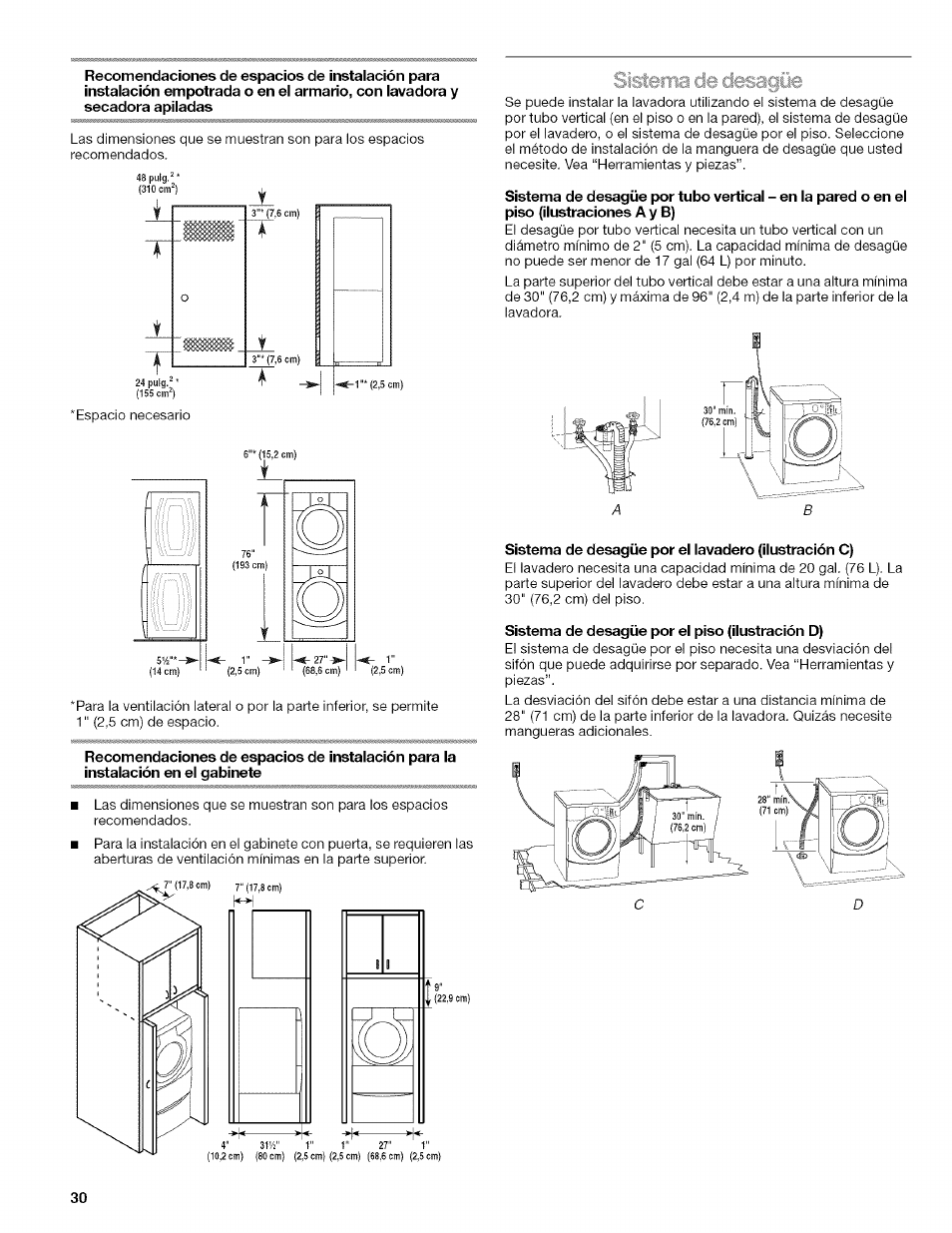 Sistema de cii, Sistema de desagüe por el lavadero (ilustración c), Sistema de desagüe por el piso (ilustración d) | Kenmore HE3 4785 User Manual | Page 30 / 76